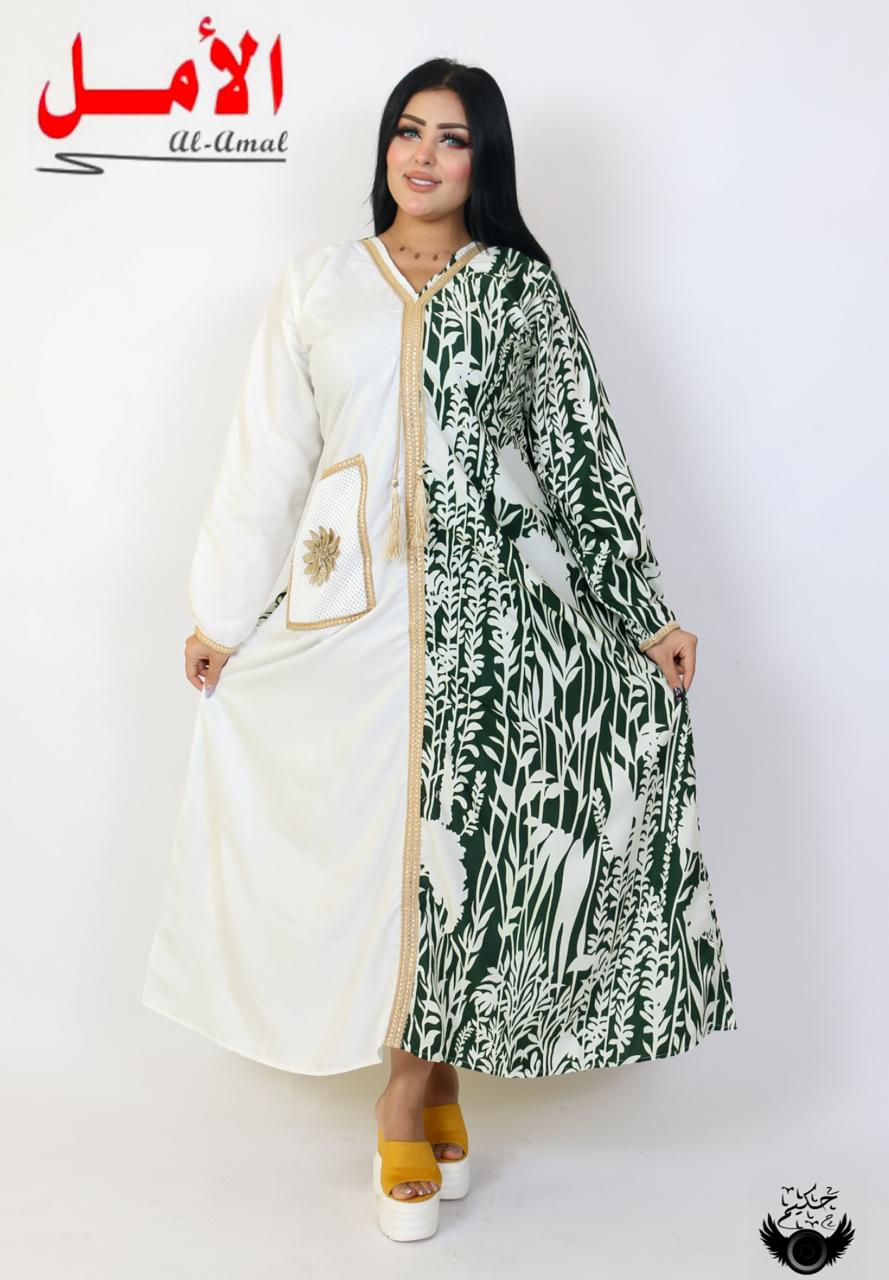 Abaya Boutique With One Pocket green and white colour
