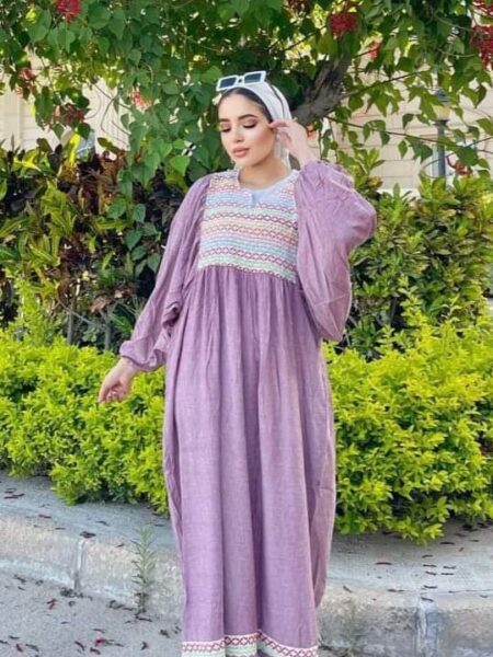 Abaya Linen Outwear Casual like Dress عباية كتان ملابس خارجية كاجوال مثل الفستان مع التطريز للنساء